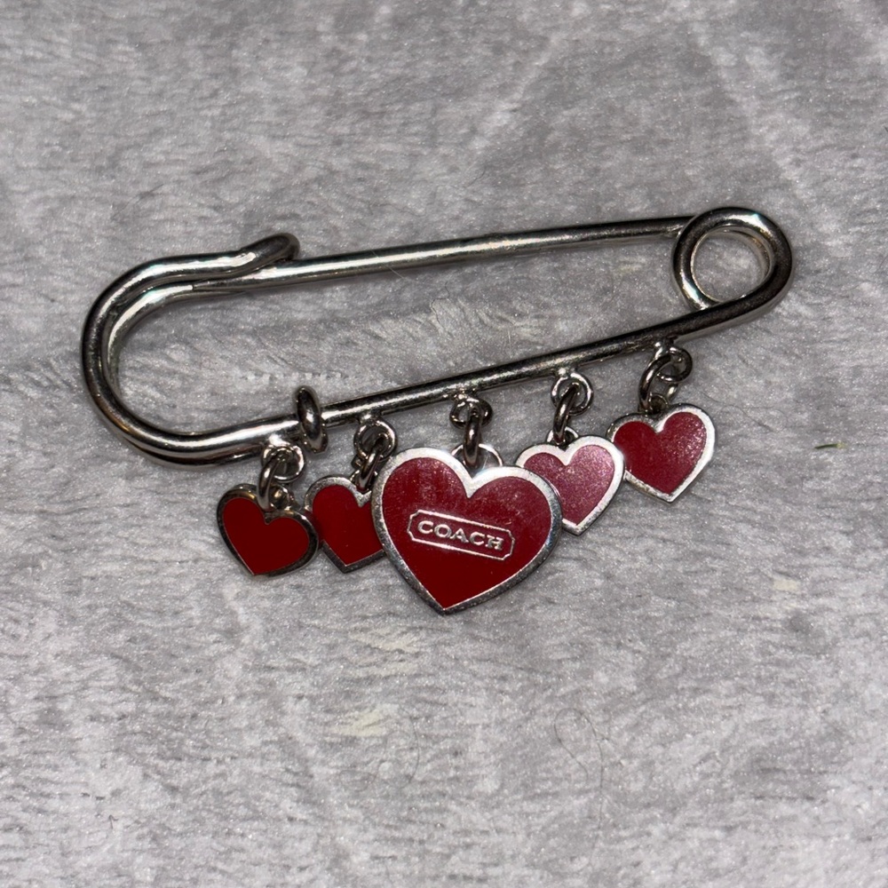 Coach Silver Safety Pin with Red Heart Charms